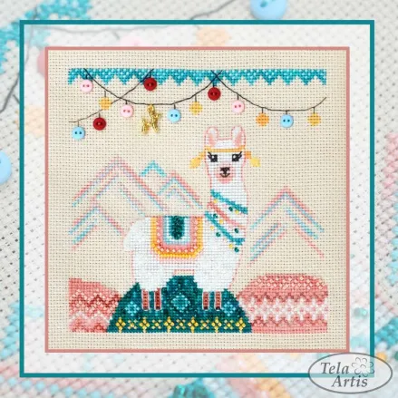 Happy Lama Cross Stitch Kit – Tela Artis X-610 – Cute Llama Sampler – Beads, Buttons, Charm – Aida 16ct – Embroidery Kit