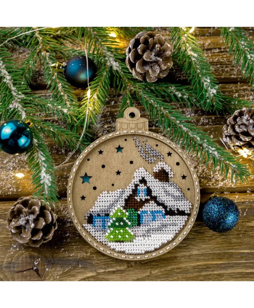 Bead Embroidery Kit on Wood, Snow House, LK-366 ( beads , thread, needle, plywood base included)