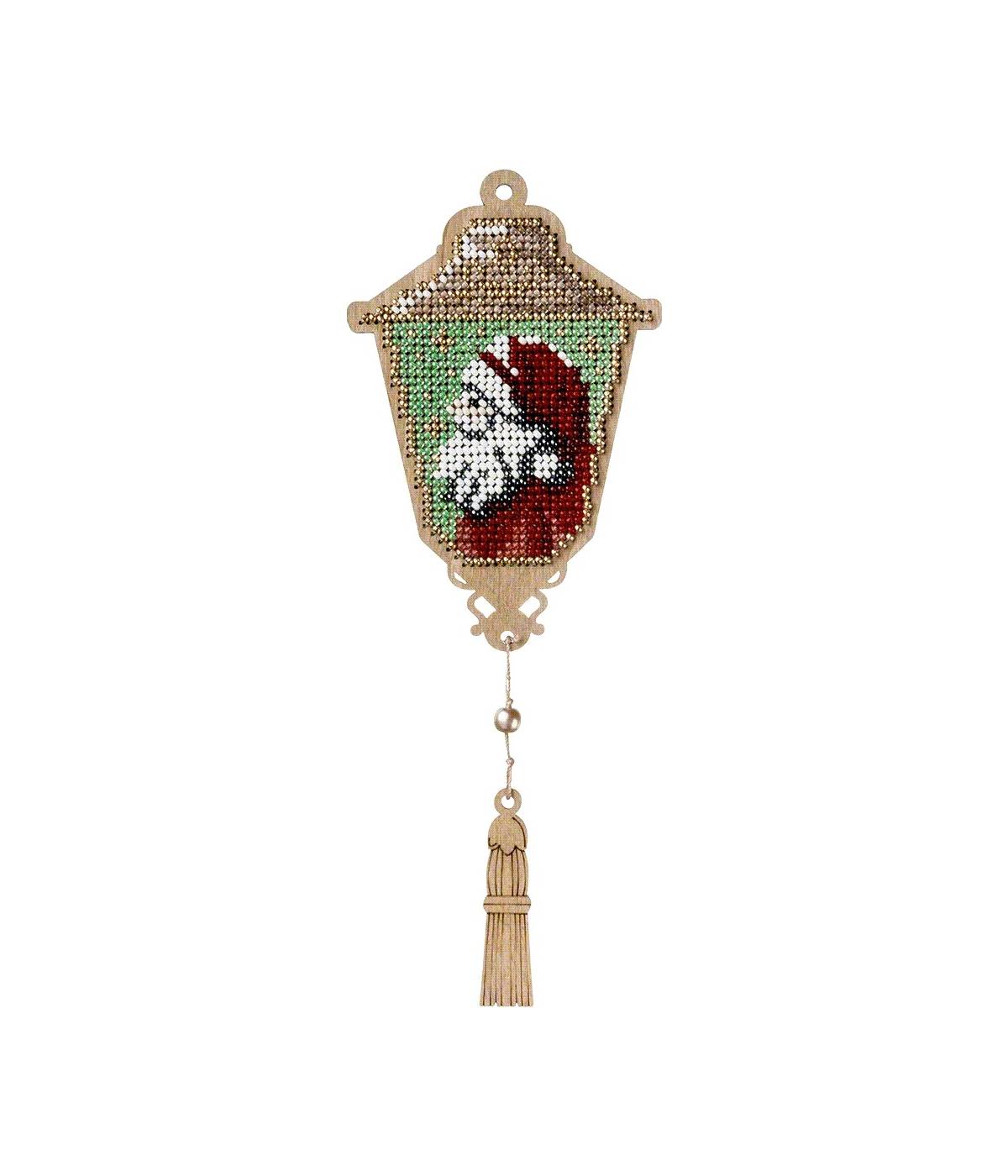 Bead Embroidery Kit on Wood, Lantern with Santa, LK-452. Fast DIY Kit