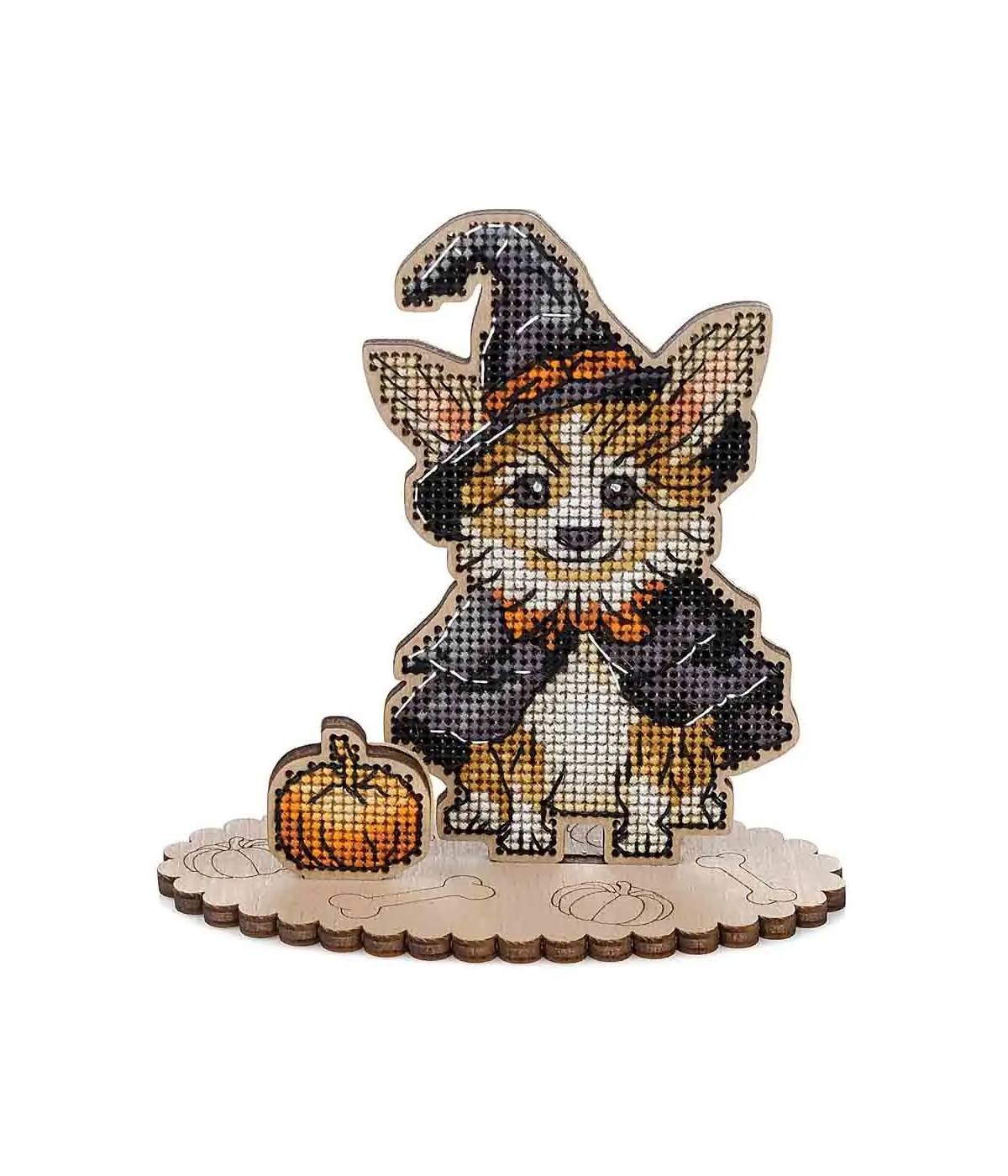 Cross Stitch Embroidery Kit on Wood, Halloween Dog, LW-050 ( thread, needle, plywood base included)