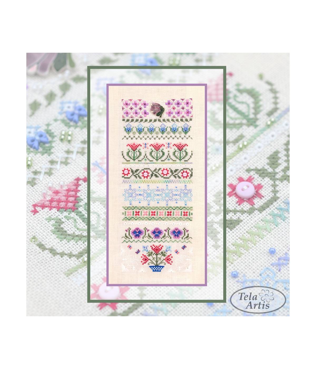 Premium Counted Cross Stitch Kit Sampler Spring Stithes- Tela-Artis X-502, Evenweave Fabric, hand-dyed DMC muline, melange