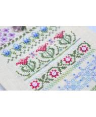 Premium Counted Cross Stitch Kit Sampler Spring Stithes- Tela-Artis X-502, Evenweave Fabric, hand-dyed DMC muline, melange