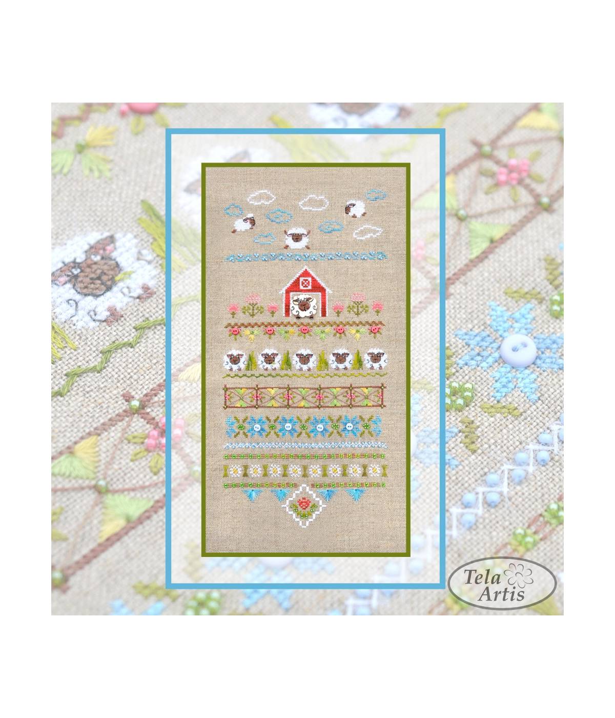 Premium Counted Cross Stitch Kit Sampler Fun Farm Tela-Artis X-504, Evenweave Fabric, hand-dyed DMC muline, melange