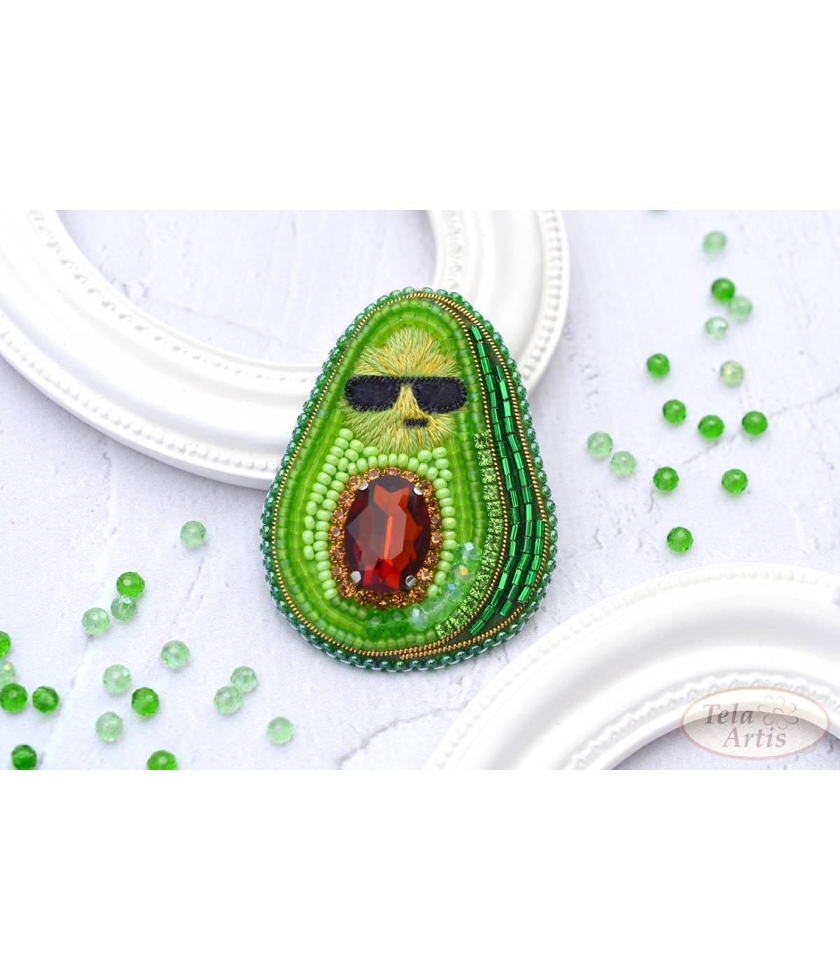 Beaded brooch kit -Cool avocado, Tela Artis. Bead Embroidery, Needlework beading kit.