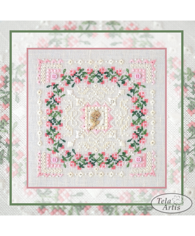 Counted Cross Stitch Needlework Rose marshmallow sampler Tela-Artis X-602, Evenweave Fabric, hand-dyed DMC muslin, melange