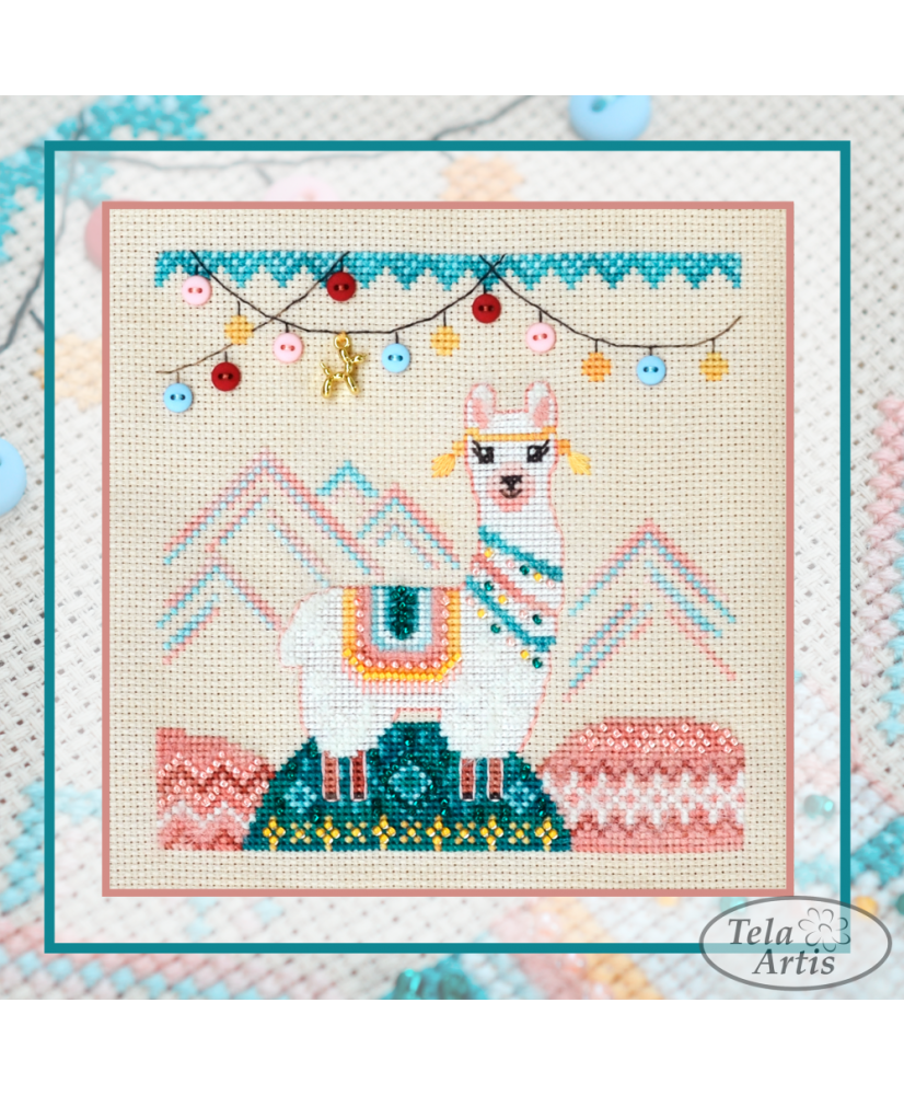 Counted Cross Stitch Kit Sampler Cheerful llama Tela-Artis X-610, hand-dyed DMC muline, melange