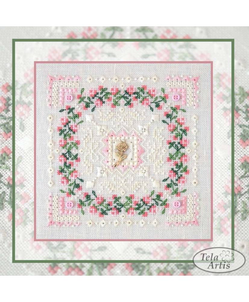 Counted Cross Stitch Needlework Rose marshmallow sampler Tela-Artis X-602, Evenweave Fabric, hand-dyed DMC muslin, melange