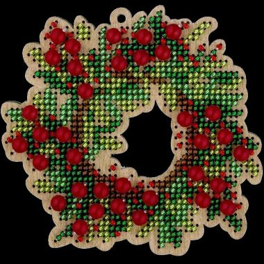 Bead Embroidery Kit on Wood, Wreath with Berries, Wonderland Crafts FLK-386
