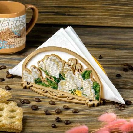Bead Embroidery Kit Tissue Holder with a white flowers, LK-531. Fast DIY Kit ( beads , thread, needle, plywood base included)