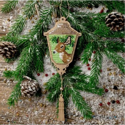 Bead Embroidery Kit on Wood, Lantern with Deer, Wonderland Crafts FLK-449