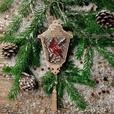 Bead Embroidery Kit on Wood, Lantern with Cardinal, Wonderland Crafts FLK-450