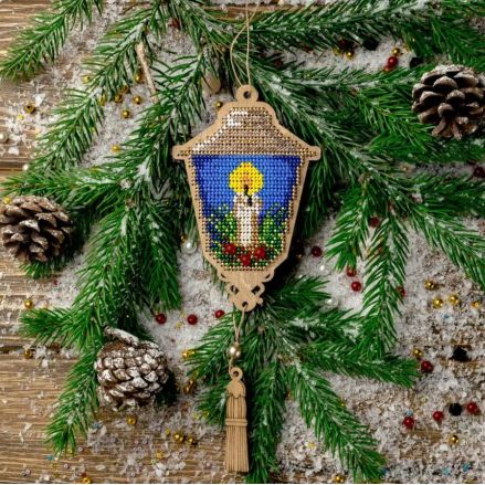Bead Embroidery Kit on Wood, Lantern with a Candle, Wonderland Crafts FLK-453