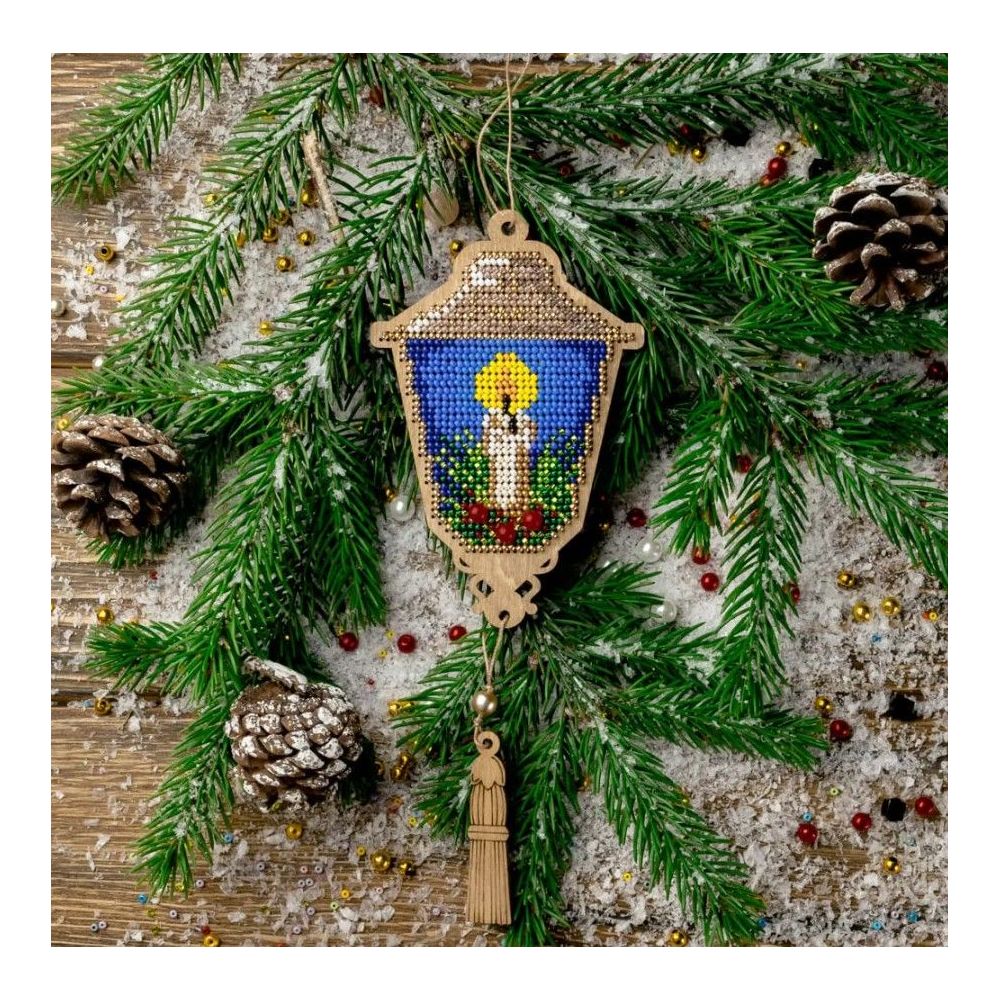 Bead Embroidery Kit on Wood, Lantern with a Candle, Wonderland Crafts FLK-453