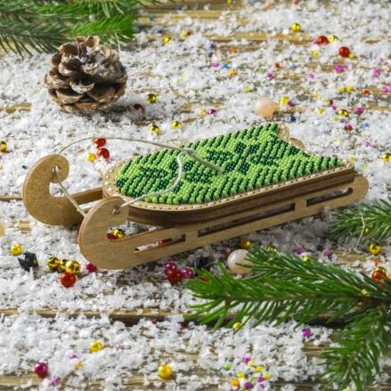 Bead Embroidery Kit on Wood, Sled Green, Wonderland Crafts FLK-467