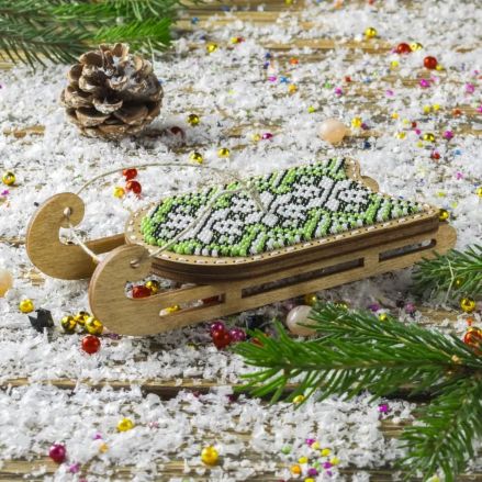 Bead Embroidery Kit on Wood, Sled Green, Wonderland Crafts FLK-471