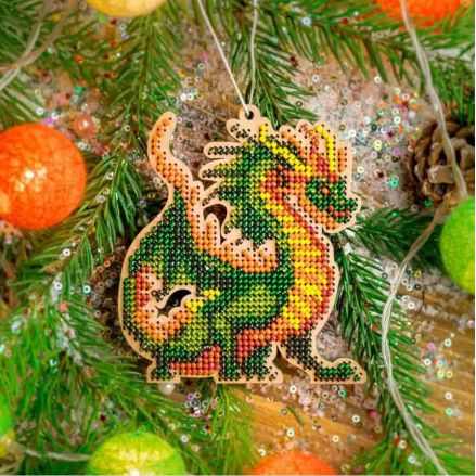 Bead Embroidery Kit on Wood, Green Dragon, Wonderland Crafts FLK-503