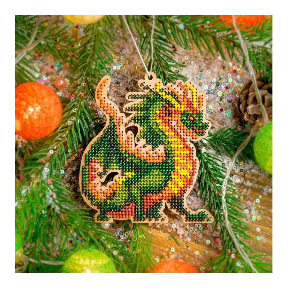 Bead Embroidery Kit on Wood, Green Dragon, Wonderland Crafts FLK-503