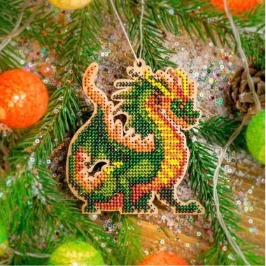Bead Embroidery Kit on Wood, Green Dragon, Wonderland Crafts FLK-503
