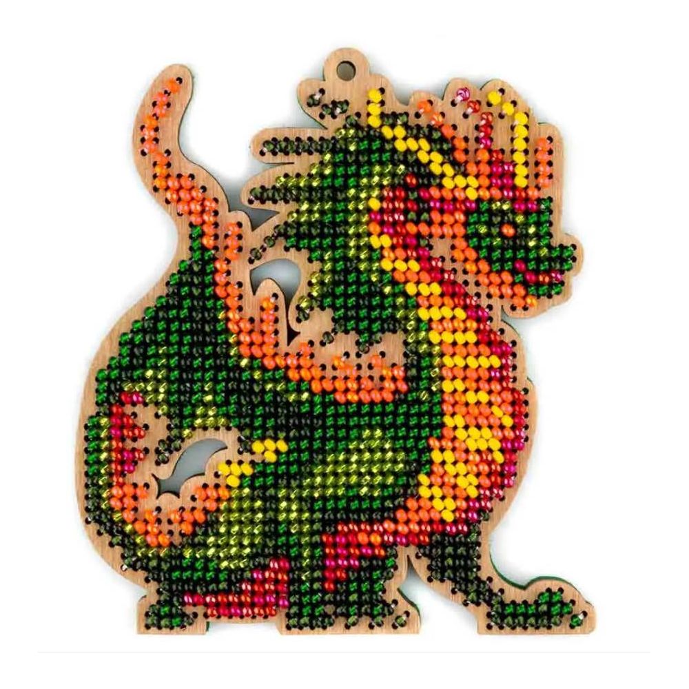 Bead Embroidery Kit on Wood, Green Dragon, Wonderland Crafts FLK-503