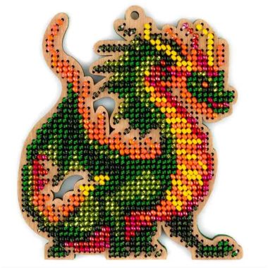 Bead Embroidery Kit on Wood, Green Dragon, Wonderland Crafts FLK-503