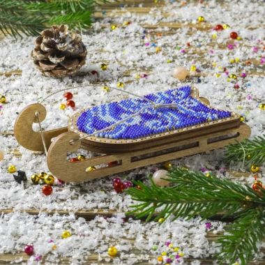 Bead Embroidery Kit on Wood, Sled BLue, Wonderland Crafts FLK-469