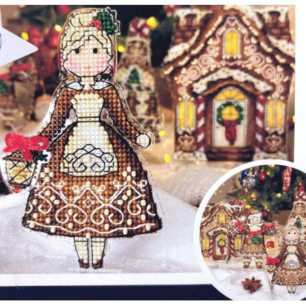 Cross Stitch Kit, Gingerbread MRS.Santa, set with threads, beads and decorative crystals.