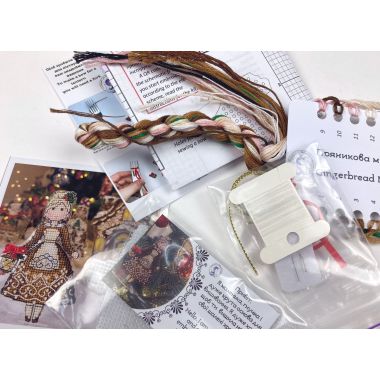 Cross Stitch Kit, Gingerbread MRS.Santa, set with threads, beads and decorative crystals.
