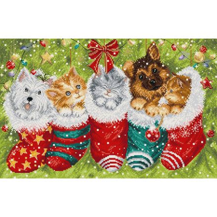 Letistitch Cross Stitch Kit – L9940 Dogs and Cats in Stockings | Festive Holiday Embroidery with 52 Colors