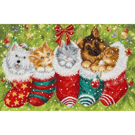 Letistitch Cross Stitch Kit – L9940 Dogs and Cats in Stockings | Festive Holiday Embroidery with 52 Colors