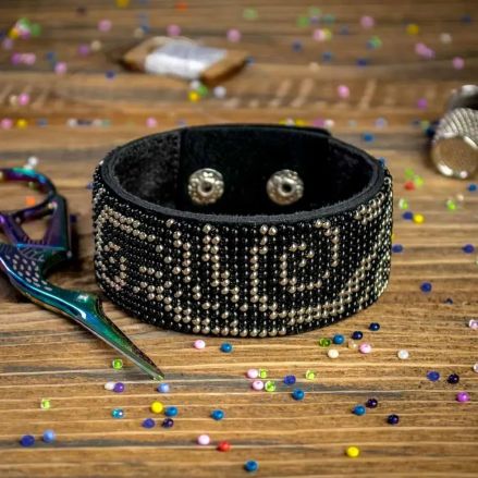 Kit for embroidery with beads on piece leather Bracelet (3x22cm) FLBB-041 Black
