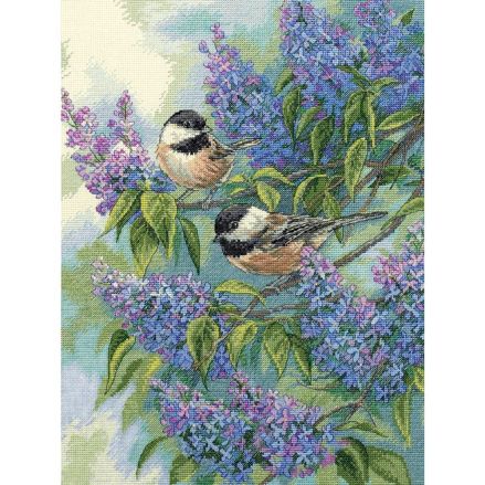 Counted Cross Stitch Kit Chickadees and Lilacs, Dimensions 35258