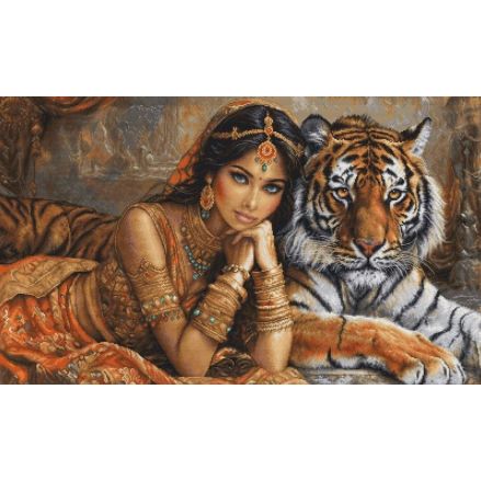 Luca-S Gold Cross Stitch Kit, The Indian Princess and The Royal Tiger- DIY Kit, BU5060