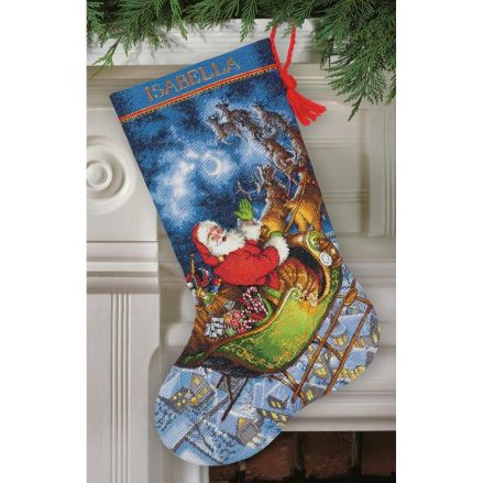 Gold Collection Counted Cross Stitch Kit 16" Long-Santa's Flight Stocking, Dimensions, 70-08923