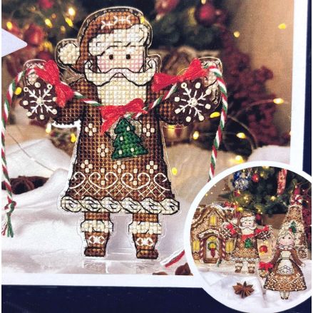 Cross Stitch Kit, Gingerbread Santa (Red Suit), set with threads, beads and decorative crystals.