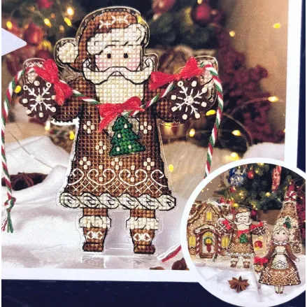 Cross Stitch Kit, Gingerbread Santa (Red Suit), set with threads, beads and decorative crystals. Unic