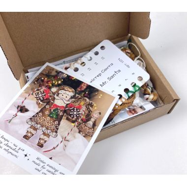 Cross Stitch Kit, Gingerbread Santa (Red Suit), set with threads, beads and decorative crystals.