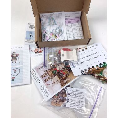 Cross Stitch Kit, Gingerbread Santa (Red Suit), set with threads, beads and decorative crystals.