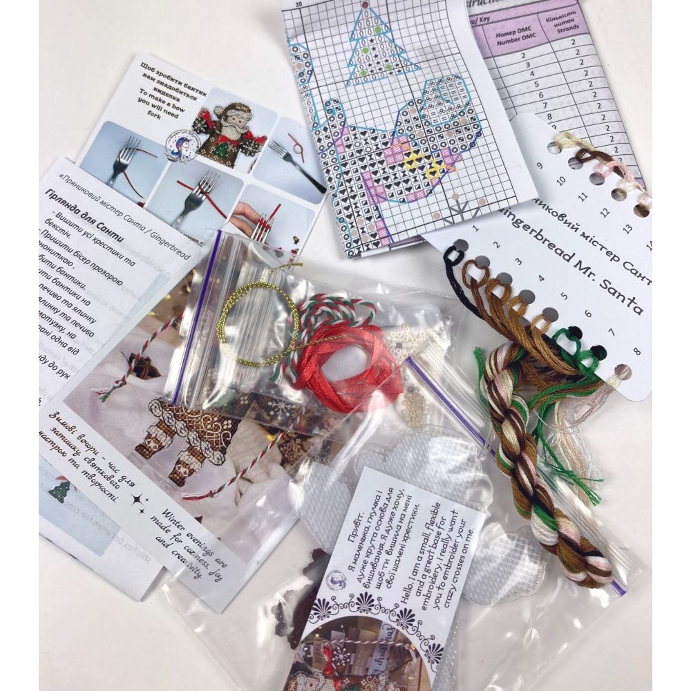 Cross Stitch Kit, Gingerbread Santa (Red Suit), set with threads, beads and decorative crystals.