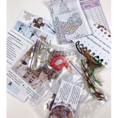 Cross Stitch Kit, Gingerbread Santa (Red Suit), set with threads, beads and decorative crystals.