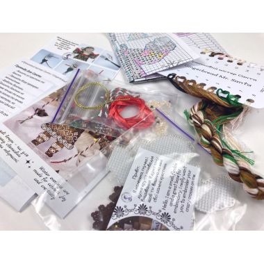 Cross Stitch Kit, Gingerbread Santa (Red Suit), set with threads, beads and decorative crystals.
