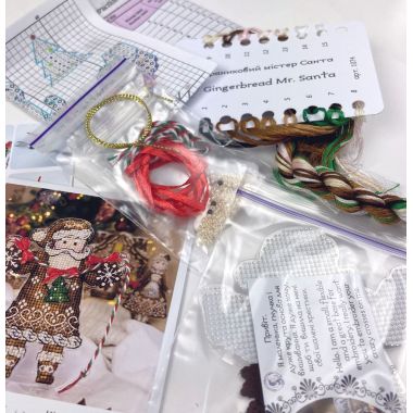 Cross Stitch Kit, Gingerbread Santa (Red Suit), set with threads, beads and decorative crystals.