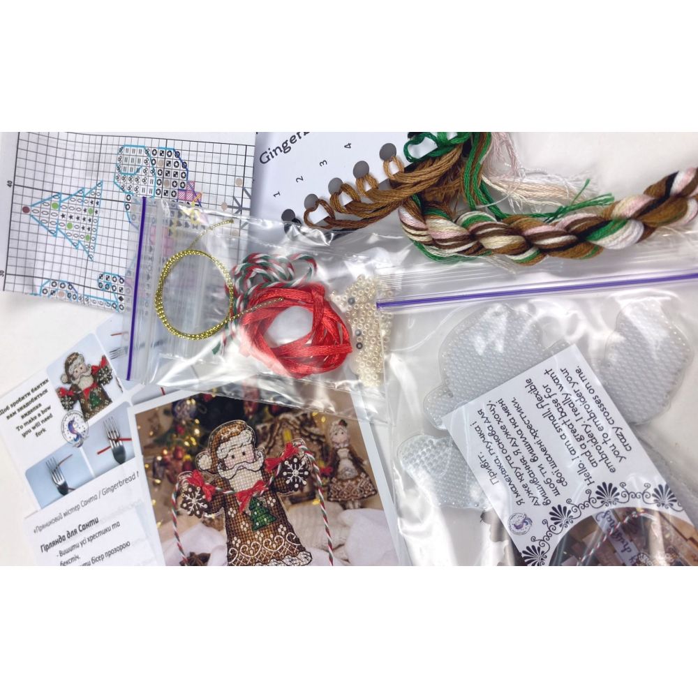 Cross Stitch Kit, Gingerbread Santa (Red Suit), set with threads, beads and decorative crystals.
