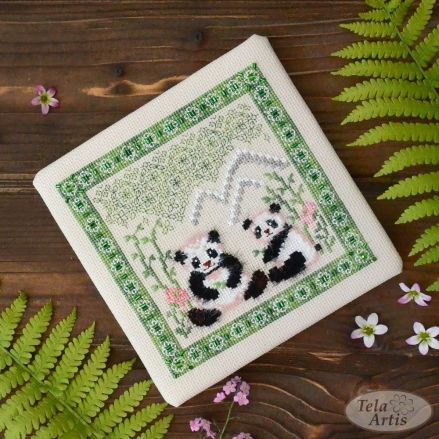 Cute pandas Cross Stitch Kit – Tela Artis – Cute pandas Sampler – Beads, Buttons, Charm – Aida 16ct – Embroidery Kit