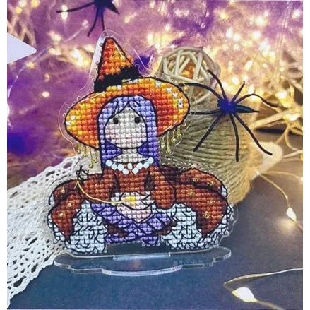 Unic Cross Stitch Kit, Embroidering Witch, kit with threads and beads on flexible plastic base.