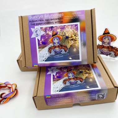 Unic Cross Stitch Kit, Embroidering Witch, kit  with threads and beads on flexible plastic base.