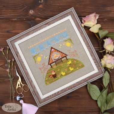 Сhicken coop Cross Stitch Kit – Tela Artis X-030 – Sampler – Hand-dyed Threads