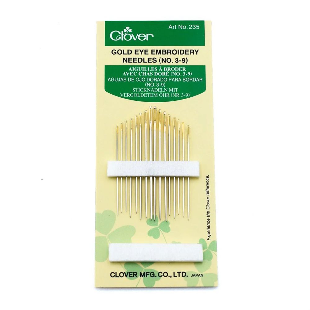 Clover Gold Eye Embroidery Needles 235 – Sizes 3/9, 16 pcs