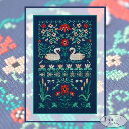 Love in the Reeds Cross Stitch Kit – Tela Artis X-033 – Swan Sampler – Hand-dyed Threads – Floral Cross Stitch on Navy Aida