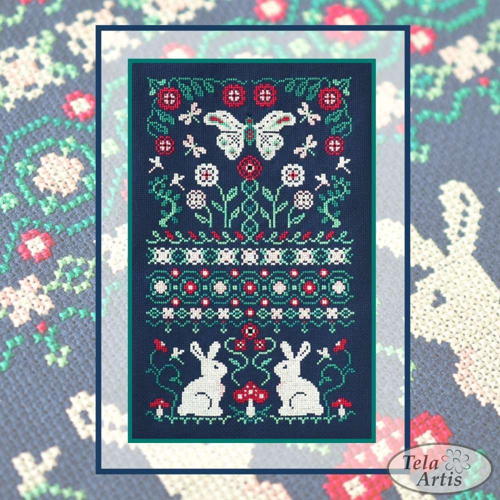 Summer Night Cross Stitch Kit – Tela Artis X-035 – Bunny and Floral Sampler – Navy Aida Summer Night Cross Stitch Kit – Tela Artis X-035 – Bunny and Floral Sampler – Navy Aida