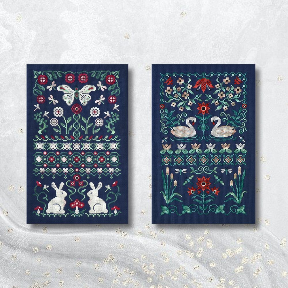 Summer Night Cross Stitch Kit – Tela Artis X-035 – Bunny and Floral Sampler  Botanical Embroidery
